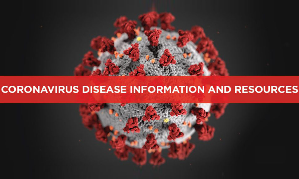 Illustration of a coronavirus particle with red spike proteins on a gray surface, reminiscent of challenges even veterinarians face. A red banner across the image reads "Coronavirus Disease Information and Resources" in white text. The background is dark gray.